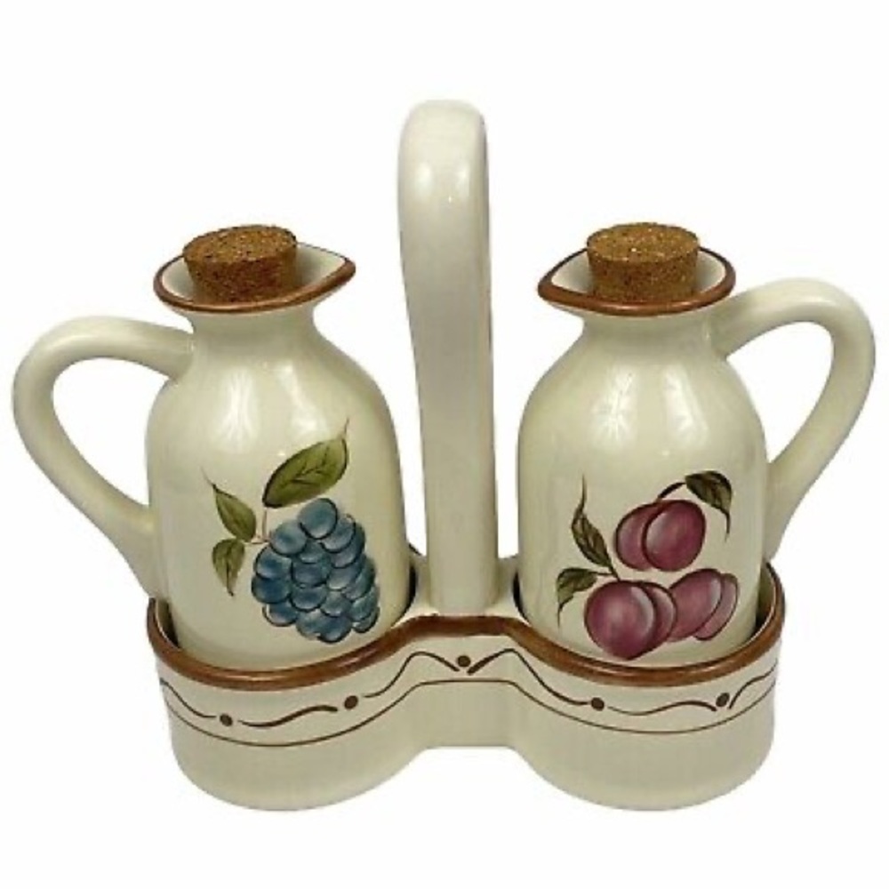 NWOT Around the Orchard by HOME Vinegar and Oil Pottery Bottle Set W/ Ca…